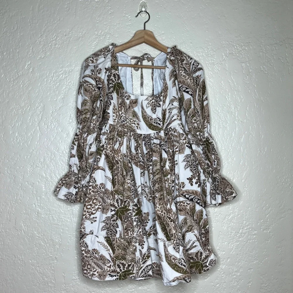 Anthropologie Pilcro Square-Neck Corduroy Babydoll Mini Dress‎ Brown Paisley XS